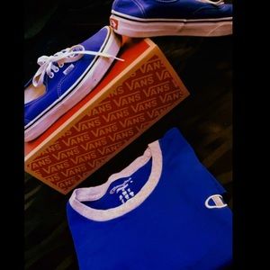 Blue CHAMPION shirt and VANS